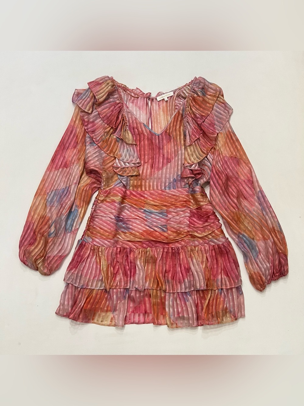 LoveShackFancy Moxie Silk Mini Dress Sz 8 Rainbow Cloud Tiered Ruffles